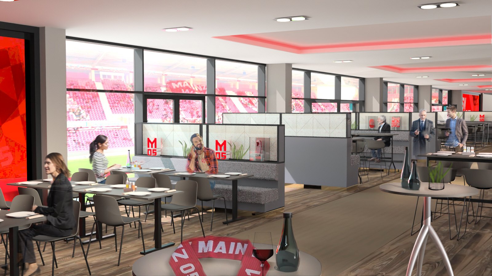 „Offene und stilvolle MEWA LOUNGE mit Blick auf das Spielfeld, in der Fans und Gäste von Mainz 05 in herzlicher Atmosphäre gemeinsam feiern, genießen und Fußball mit Leidenschaft erleben.