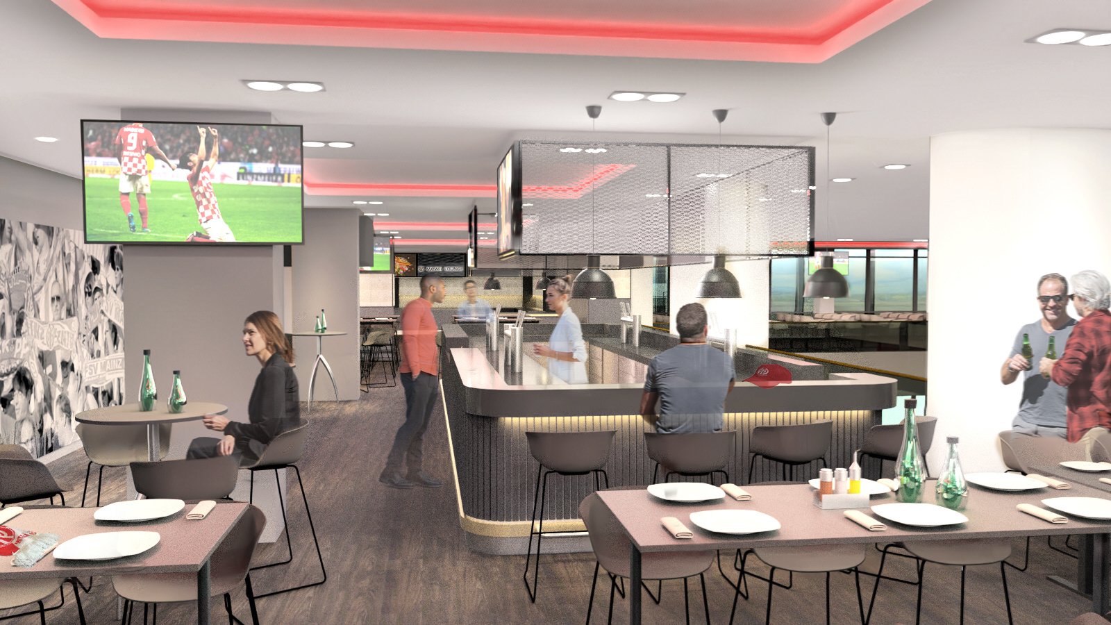 Die Bitburger Bar in der MEWA ARENA mit gemütlichem Ambiente, stilvollem Tresenbereich und Gästen, die ausgewählte Bitburger-Bierspezialitäten entspannt genießen.