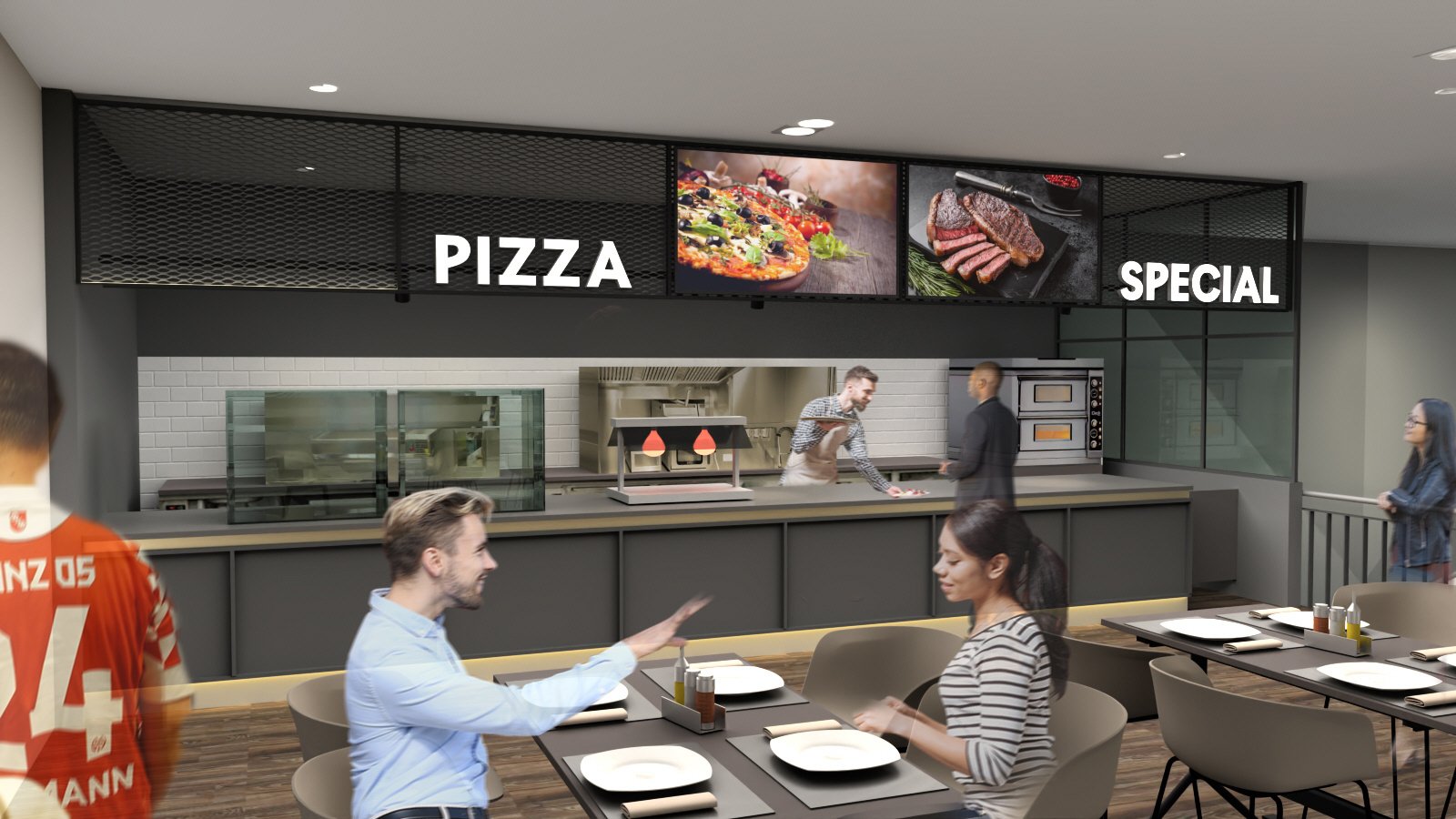 Das Italian Corner in der MEWA ARENA mit Pizza-Steinofen, moderner Einrichtung und Gästen, die authentische italienische Speisen in entspannter Atmosphäre genießen.